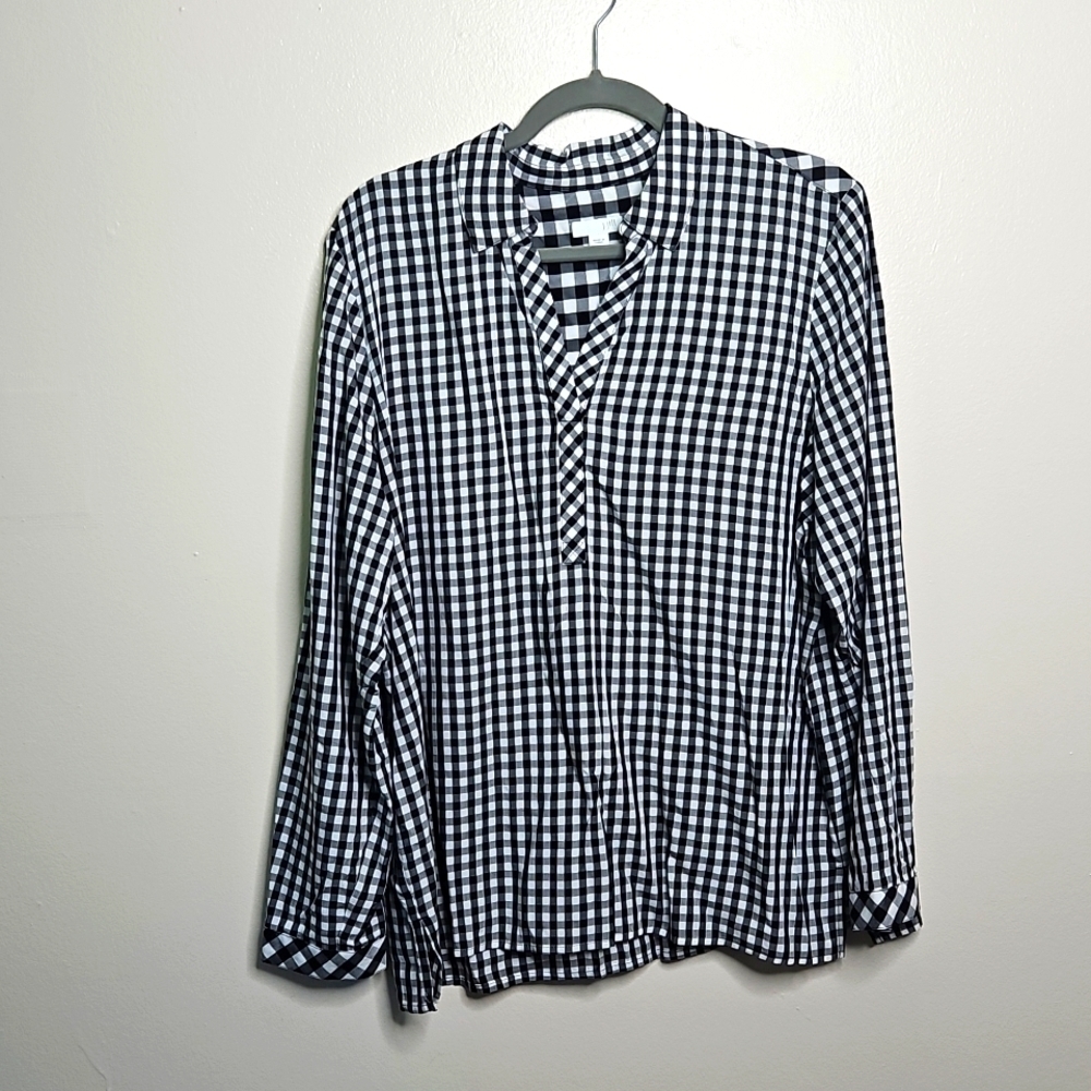 J. Jill Black White Gingham V-Neck Blouse Medium